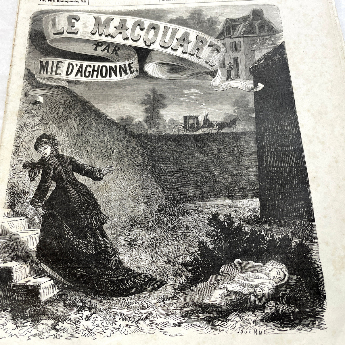 Late 19th French newspaper, Le Conteur, 1880. Illustrated cover with woman, child, and horse-drawn carriage scene.