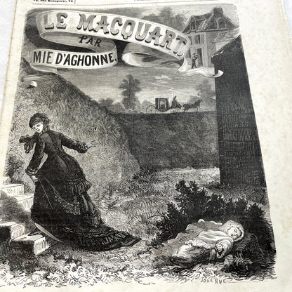 Late 19th French newspaper, Le Conteur, 1880. Illustrated cover with woman, child, and horse-drawn carriage scene.
