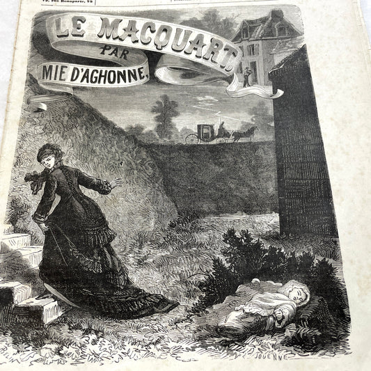 Late 19th French newspaper, Le Conteur, 1880. Illustrated cover with woman, child, and horse-drawn carriage scene.