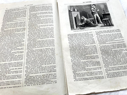 Late 19th French newspaper, Le Conteur, 1880. Illustrated cover with woman, child, and horse-drawn carriage scene.
