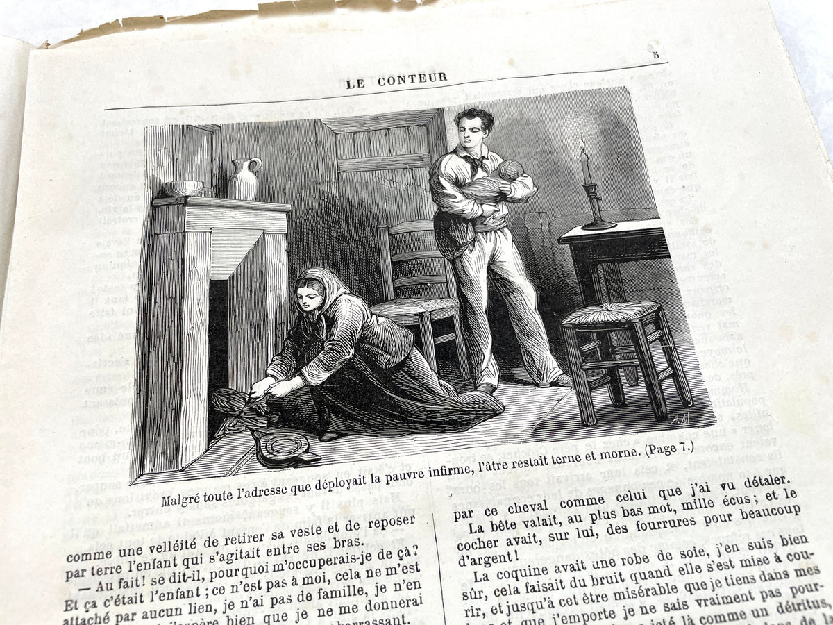 Late 19th French newspaper, Le Conteur, 1880. Illustrated cover with woman, child, and horse-drawn carriage scene.