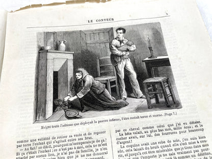 Late 19th French newspaper, Le Conteur, 1880. Illustrated cover with woman, child, and horse-drawn carriage scene.