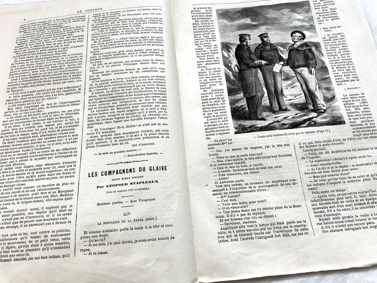 Late 19th French newspaper, Le Conteur, 1880. Illustrated cover with woman, child, and horse-drawn carriage scene.