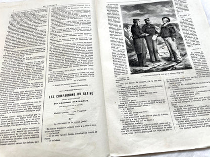 Late 19th French newspaper, Le Conteur, 1880. Illustrated cover with woman, child, and horse-drawn carriage scene.
