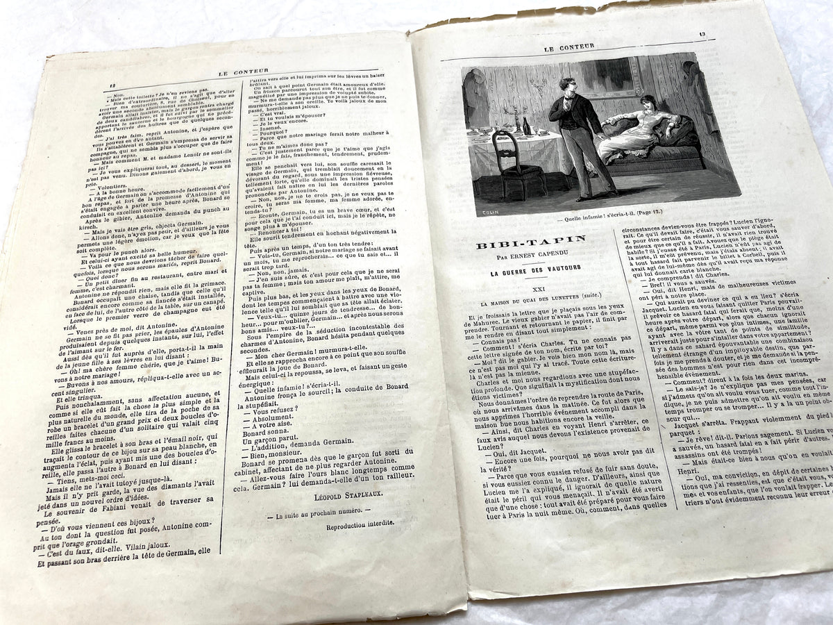 Late 19th French newspaper, Le Conteur, 1880. Illustrated cover with woman, child, and horse-drawn carriage scene.