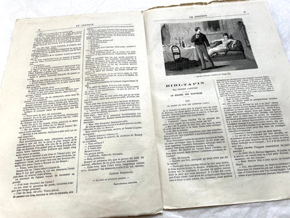 Late 19th French newspaper, Le Conteur, 1880. Illustrated cover with woman, child, and horse-drawn carriage scene.