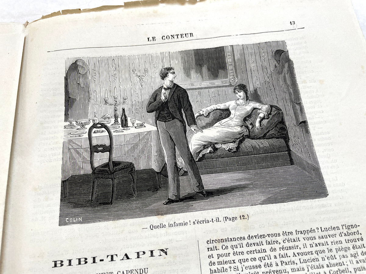Late 19th French newspaper, Le Conteur, 1880. Illustrated cover with woman, child, and horse-drawn carriage scene.