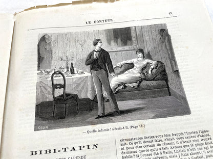 Late 19th French newspaper, Le Conteur, 1880. Illustrated cover with woman, child, and horse-drawn carriage scene.
