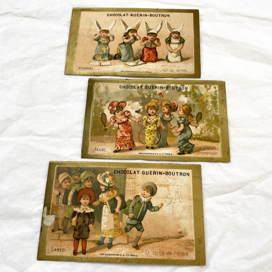 Late 19th Century - Three Advertising Chromos - Guerin-Boutron Chocolate - Children's Daily Life - Antique Ephemera - Lithograph Art