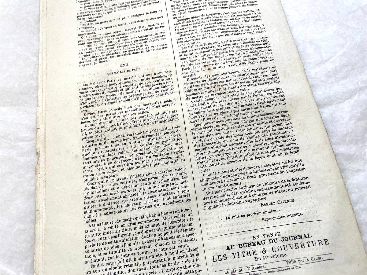Late 19th French newspaper, Le Conteur, 1880. Illustrated cover with woman, child, and horse-drawn carriage scene.