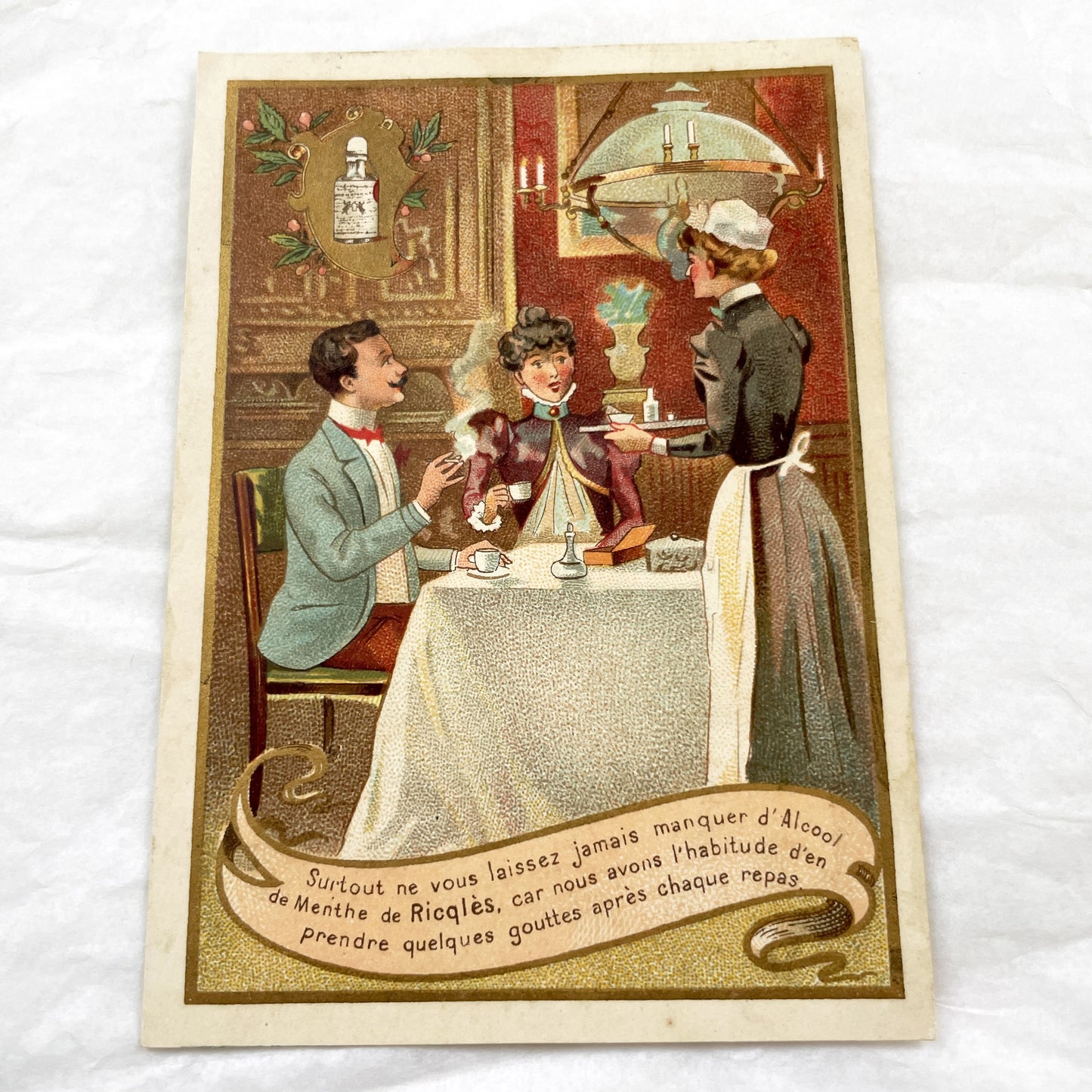 Late 19th - Antique Ricqlès Advertising Card - French Belle Époque Chromolithograph - Medicinal Alcohol Advertisement - Collectible Art