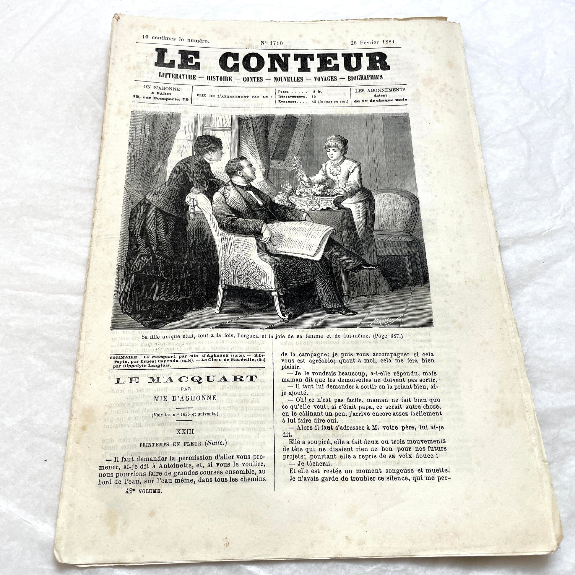 Late 19th Century French periodical, 'Le Conteur' from 1881, with an illustration of a domestic scene.