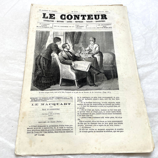 Late 19th Century French periodical, 'Le Conteur' from 1881, with an illustration of a domestic scene.