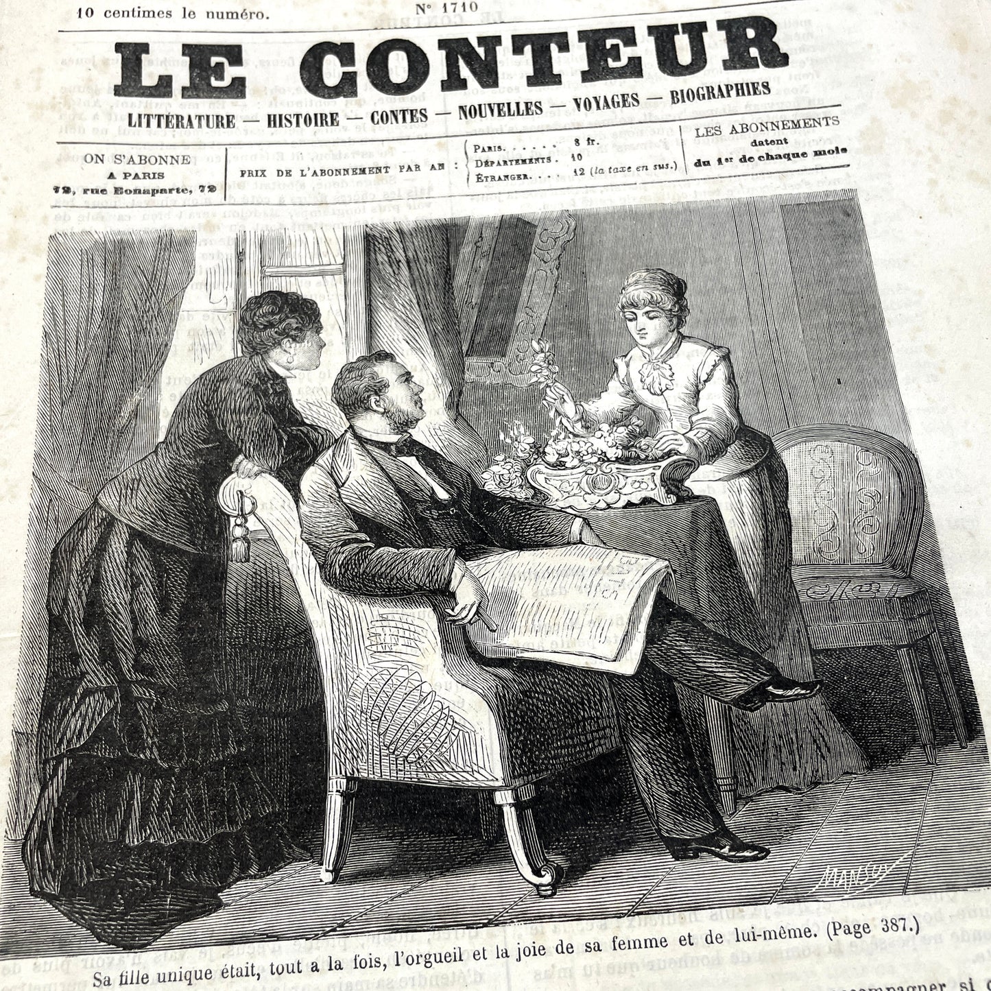 Late 19th Century French periodical, 'Le Conteur' from 1881, with an illustration of a domestic scene.