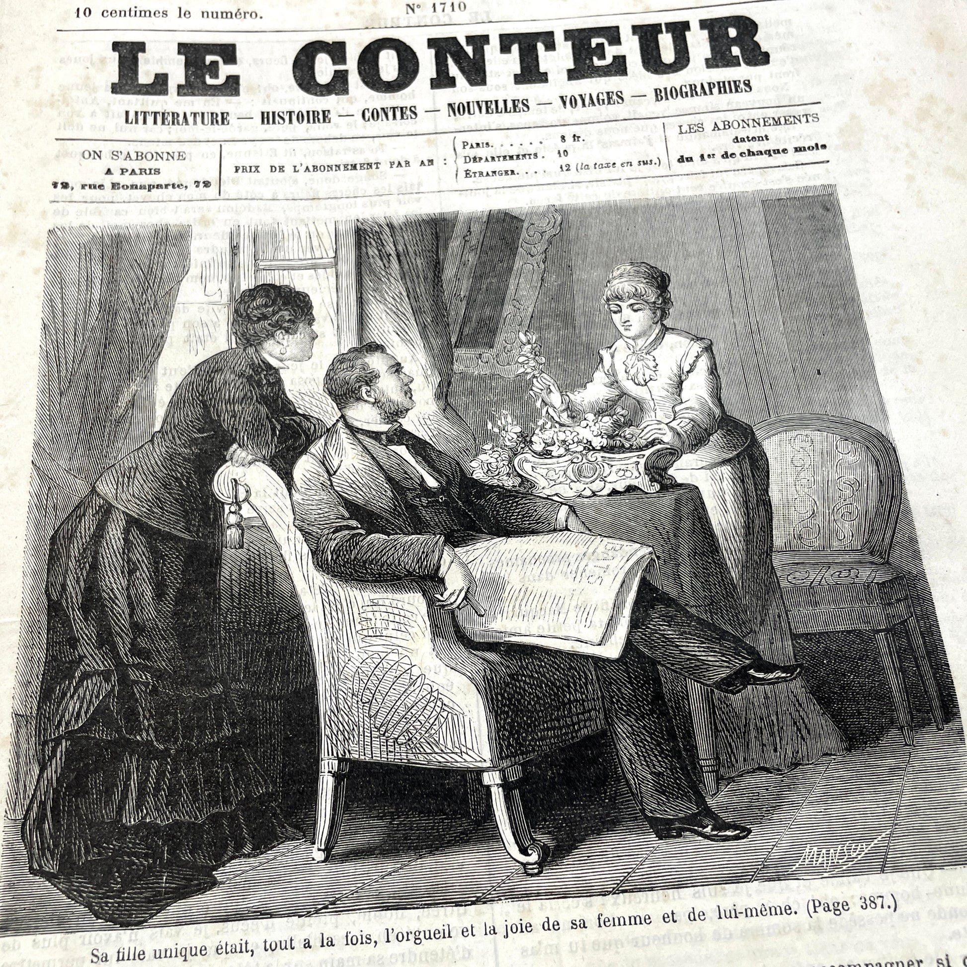 Late 19th Century French periodical, 'Le Conteur' from 1881, with an illustration of a domestic scene.