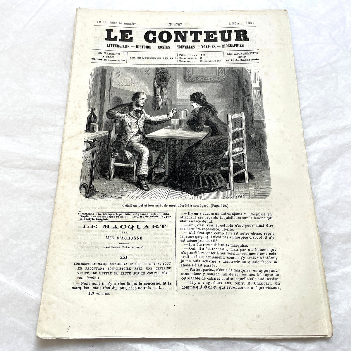 1880s French Le Conteur newspaper issue featuring a detailed illustration of a man and woman at a table.