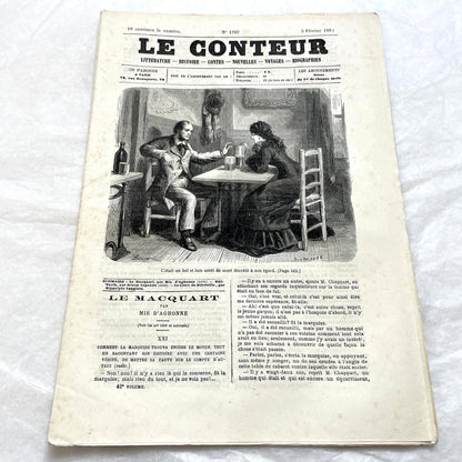 1880s French Le Conteur newspaper issue featuring a detailed illustration of a man and woman at a table.