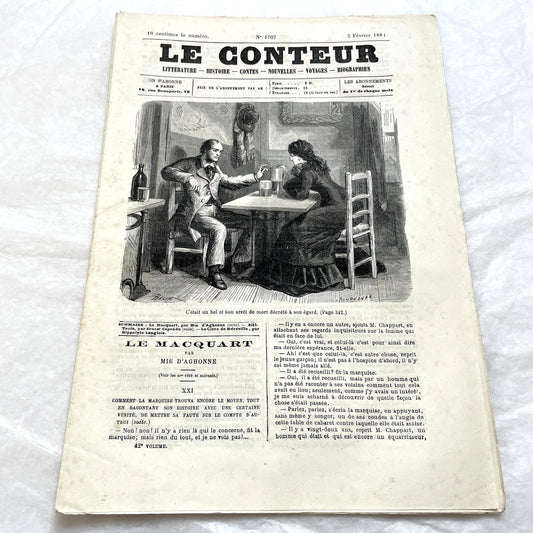 1880s French Le Conteur newspaper issue featuring a detailed illustration of a man and woman at a table.