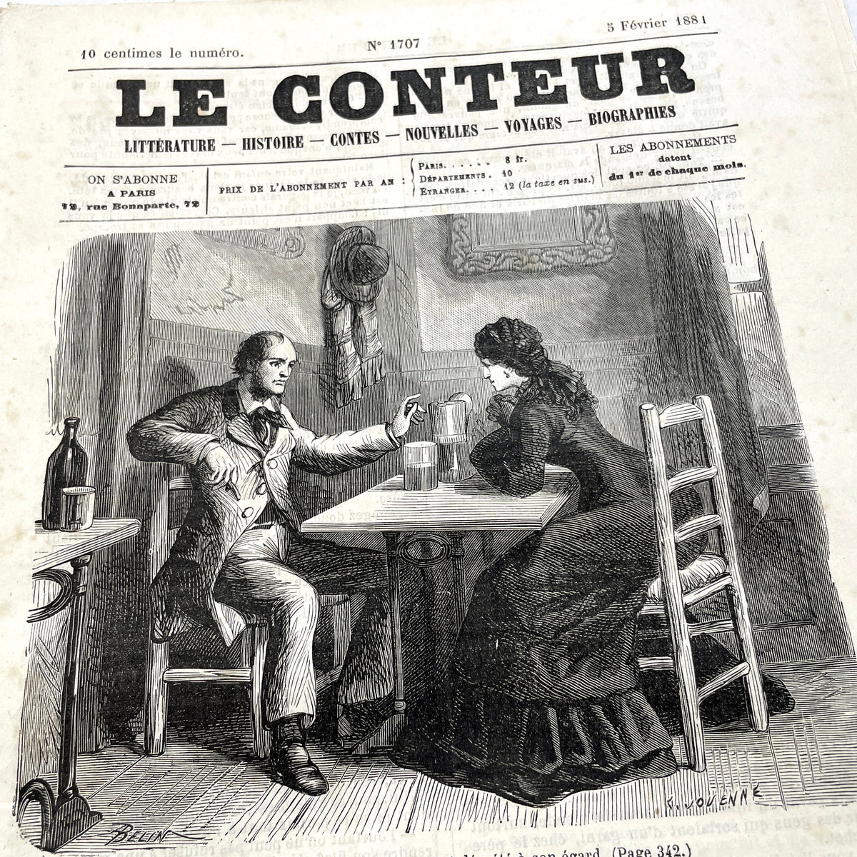 1880s French Le Conteur newspaper issue featuring a detailed illustration of a man and woman at a table.