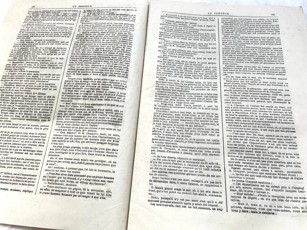 1880s French Le Conteur newspaper issue featuring a detailed illustration of a man and woman at a table.