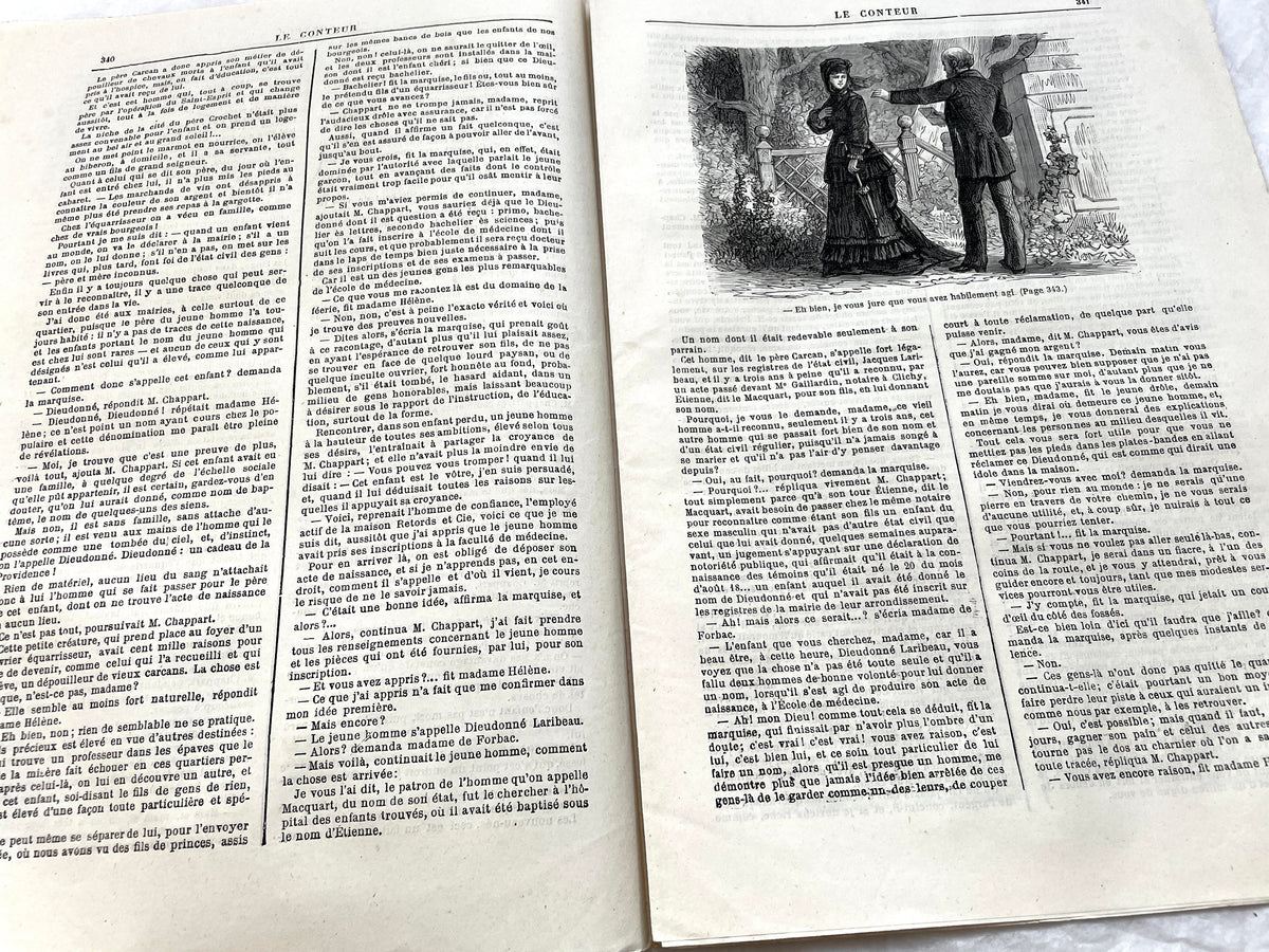 1880s French Le Conteur newspaper issue featuring a detailed illustration of a man and woman at a table.