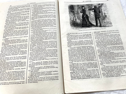 1880s French Le Conteur newspaper issue featuring a detailed illustration of a man and woman at a table.