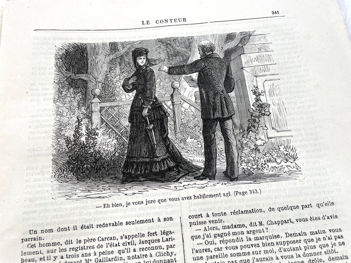 1880s French Le Conteur newspaper issue featuring a detailed illustration of a man and woman at a table.