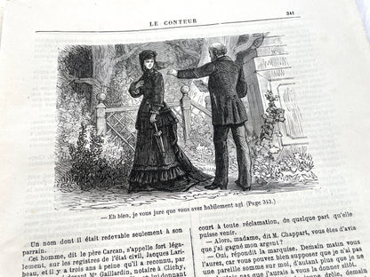 1880s French Le Conteur newspaper issue featuring a detailed illustration of a man and woman at a table.
