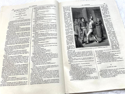 1880s French Le Conteur newspaper issue featuring a detailed illustration of a man and woman at a table.