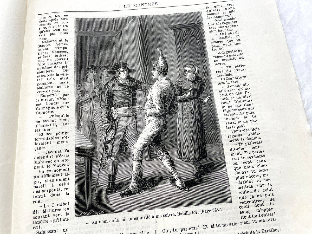 1880s French Le Conteur newspaper issue featuring a detailed illustration of a man and woman at a table.