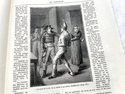 1880s French Le Conteur newspaper issue featuring a detailed illustration of a man and woman at a table.