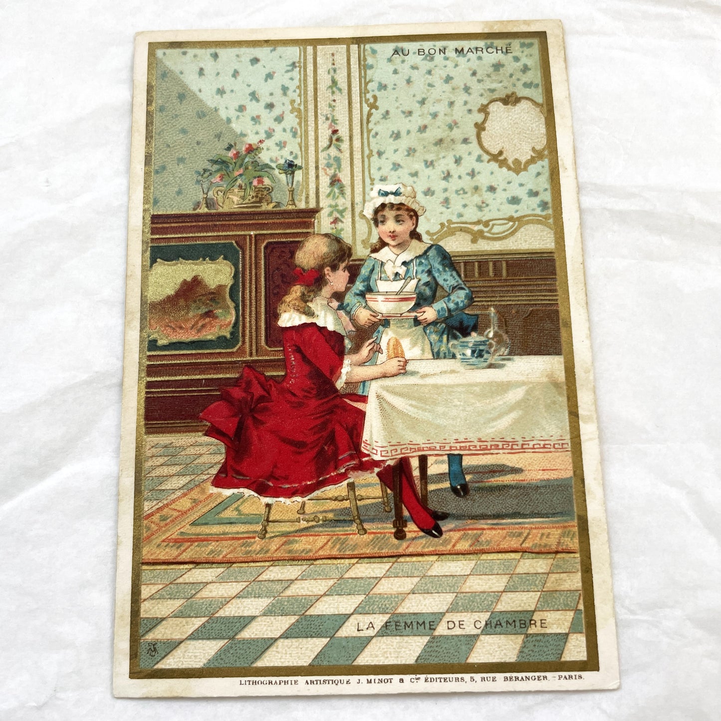 Late 19th Century - French Advertising Chromo - Au Bon Marché - La Femme De Chambre Scene - Paris Store Trade Card - Ephemera Collectible