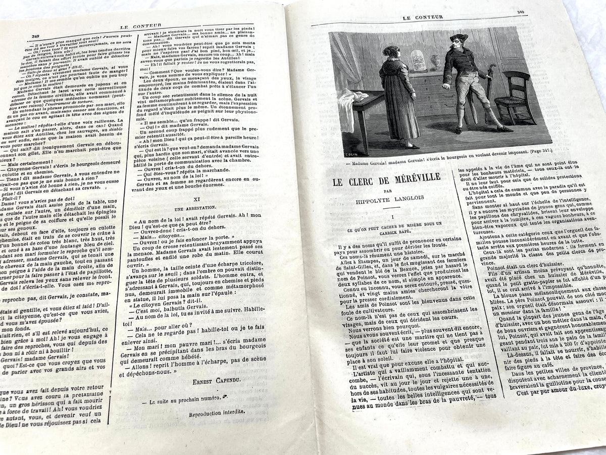 1880s French Le Conteur newspaper issue featuring a detailed illustration of a man and woman at a table.