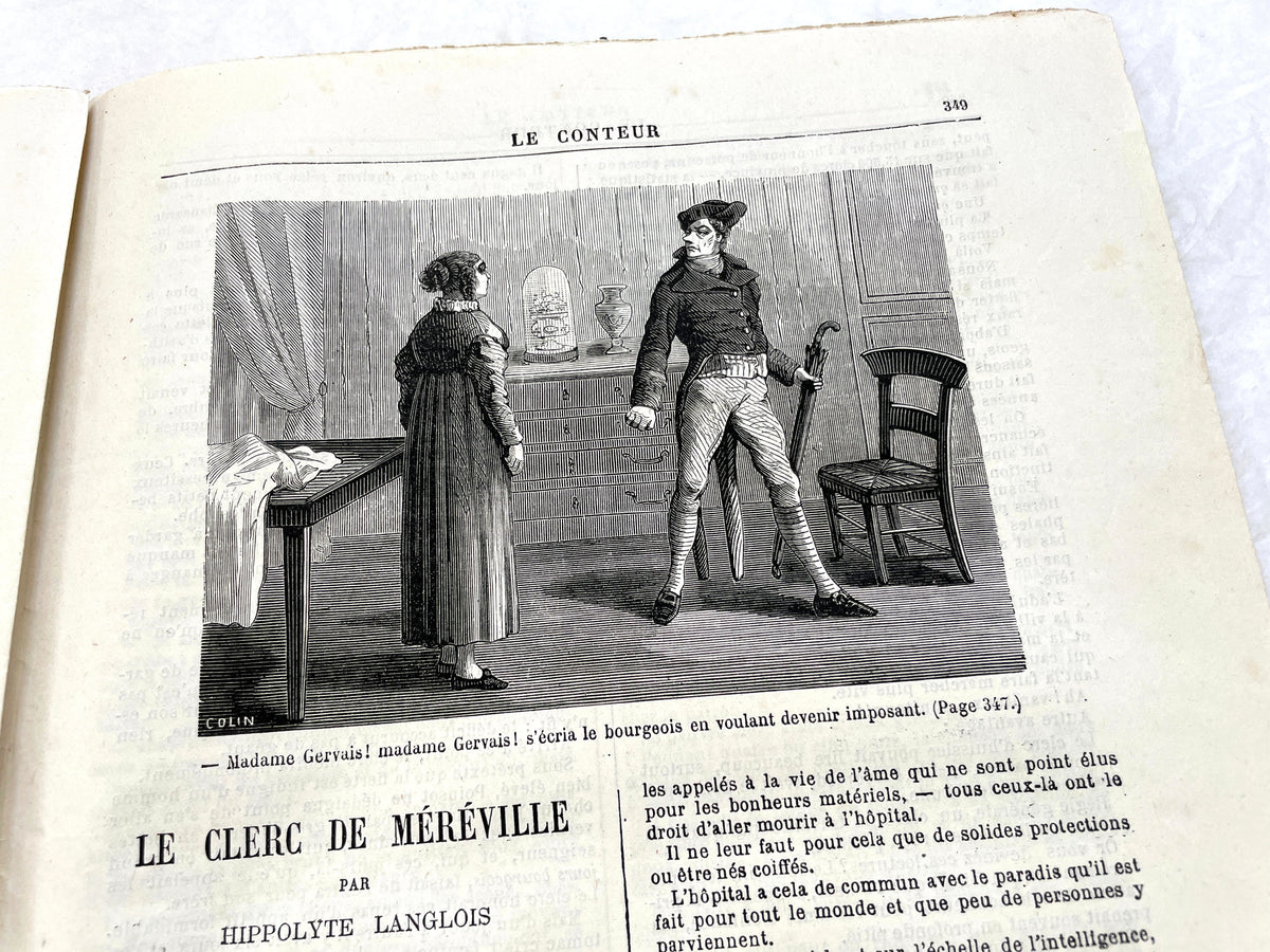 1880s French Le Conteur newspaper issue featuring a detailed illustration of a man and woman at a table.