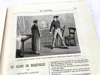 1880s French Le Conteur newspaper issue featuring a detailed illustration of a man and woman at a table.