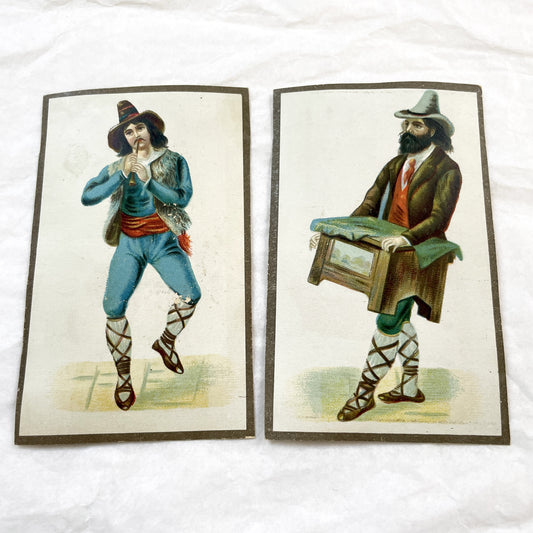 Late 19th Century - Folk Musician Chromolithograph Prints - Traditional Costumes - Set of Two Vintage Art Collectibles