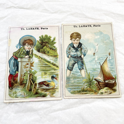 Late 19th - Two Paris Chromo Cards - Vintage French Children Ephemera - Antique Boy Illustrations - Collectible Art Print Set