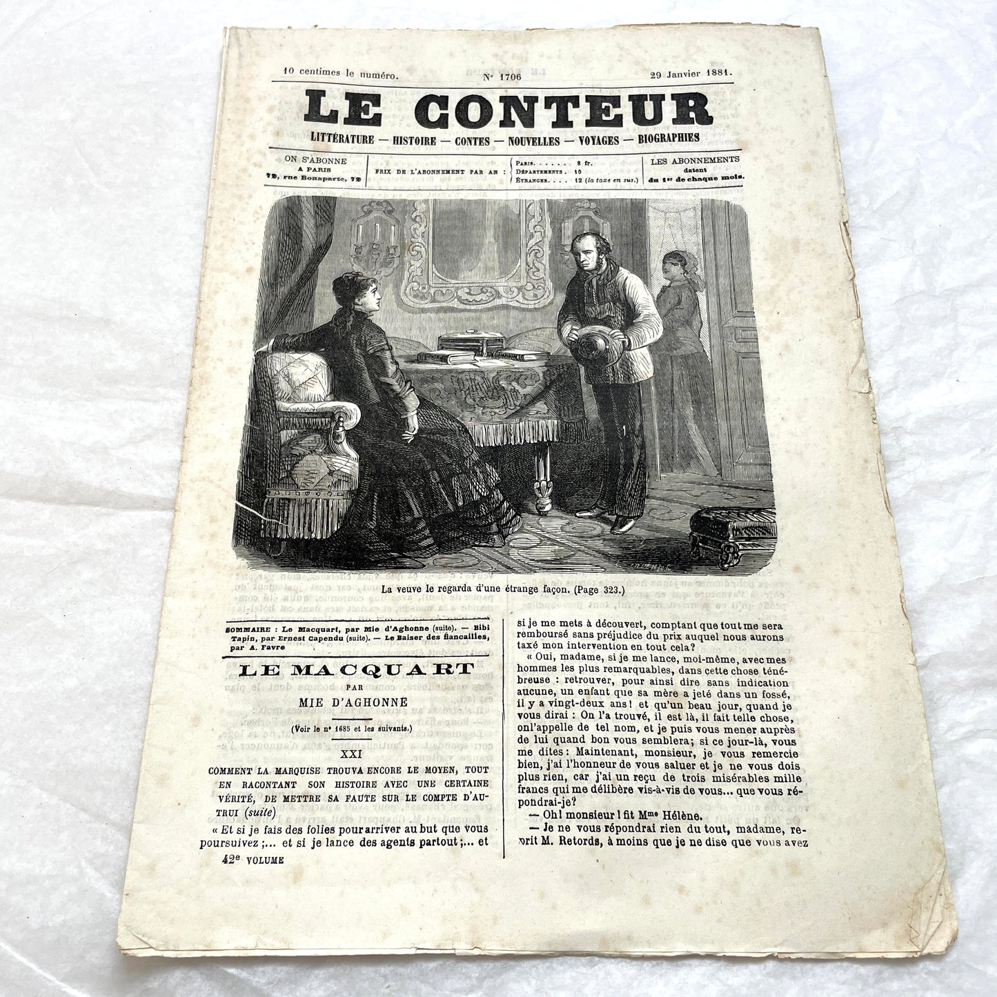 Late 19th French journal 'Le Conteur' from 1881, featuring an illustrated cover with two figures indoors.