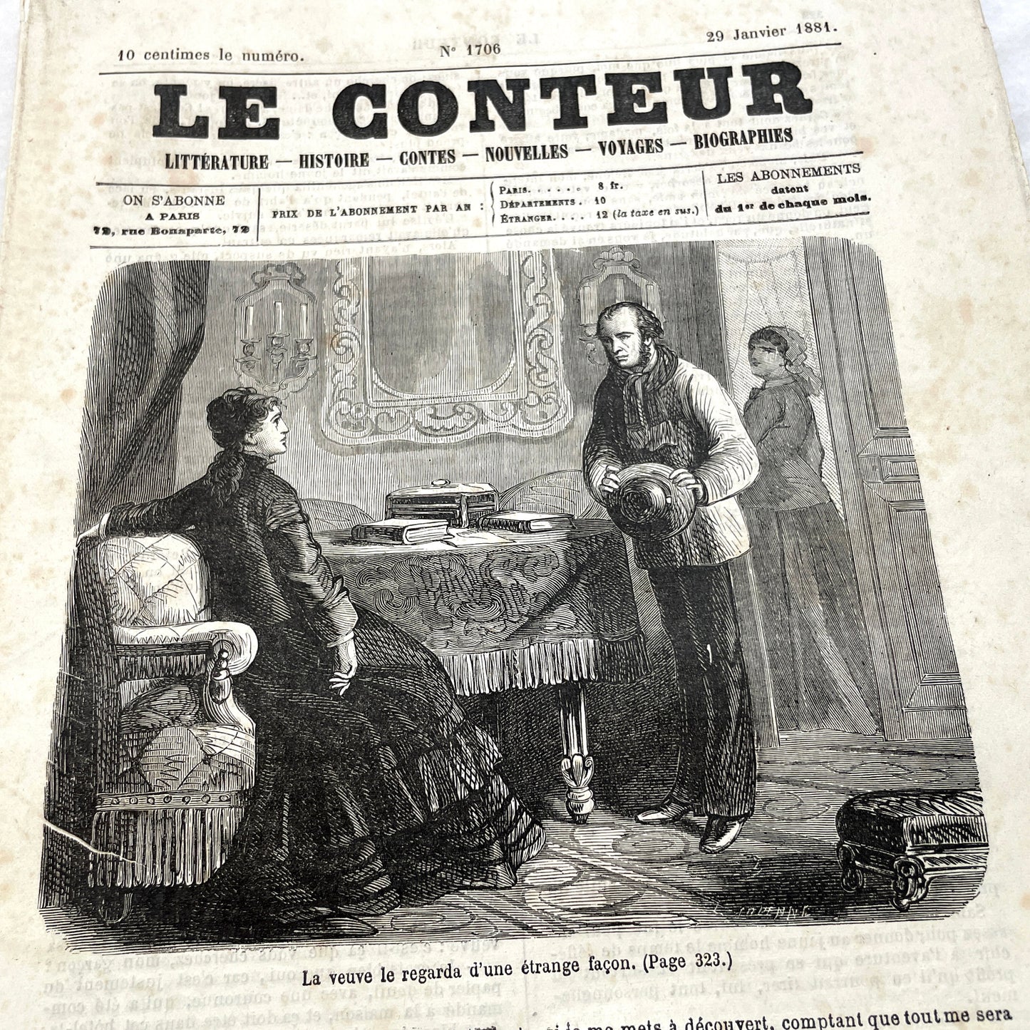 Late 19th French journal 'Le Conteur' from 1881, featuring an illustrated cover with two figures indoors.