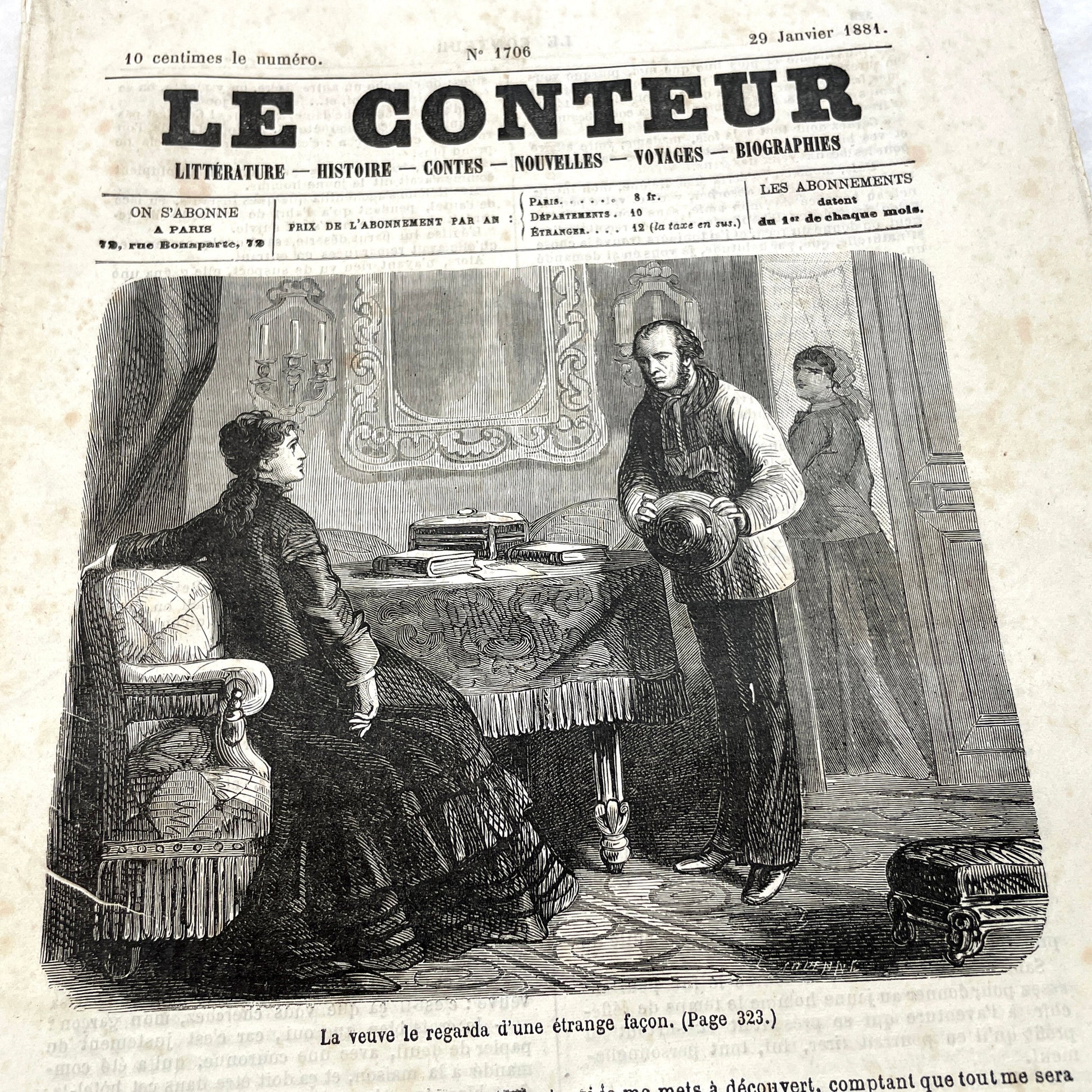 Late 19th French journal 'Le Conteur' from 1881, featuring an illustrated cover with two figures indoors.