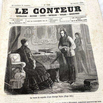 Late 19th French journal 'Le Conteur' from 1881, featuring an illustrated cover with two figures indoors.
