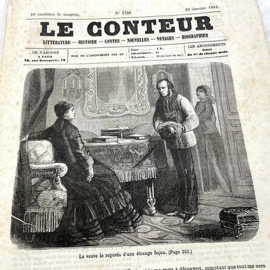 Late 19th French journal 'Le Conteur' from 1881, featuring an illustrated cover with two figures indoors.