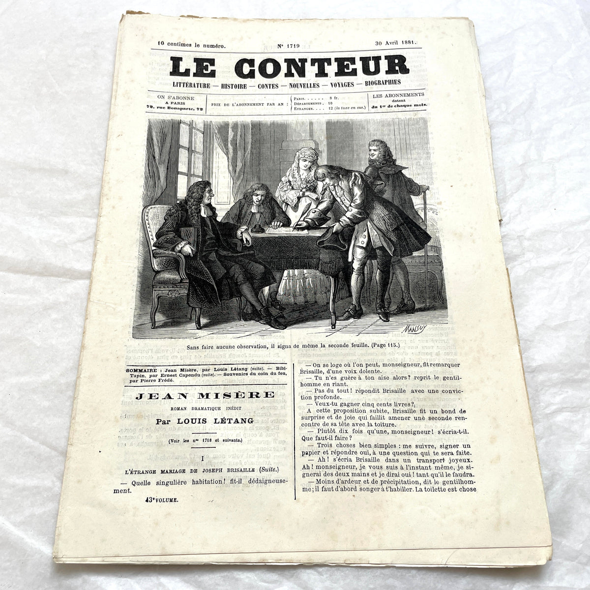 1880s French newspaper 'Le Conteur' issue from April 30, 1881, featuring a detailed front-page engraving.