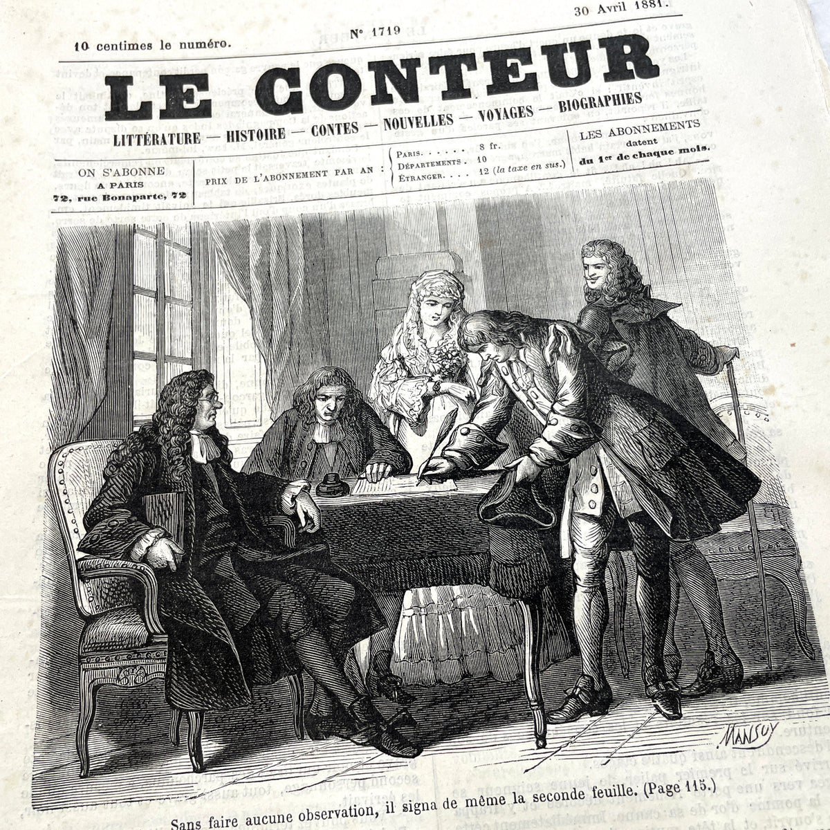 1880s French newspaper 'Le Conteur' issue from April 30, 1881, featuring a detailed front-page engraving.