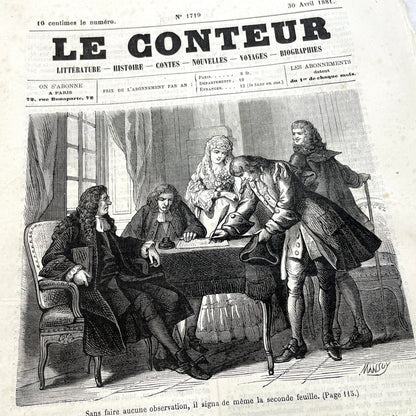 1880s French newspaper 'Le Conteur' issue from April 30, 1881, featuring a detailed front-page engraving.