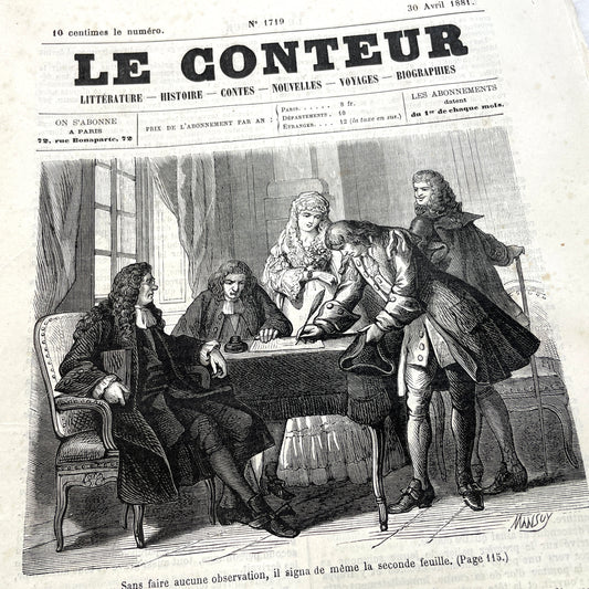 1880s French newspaper 'Le Conteur' issue from April 30, 1881, featuring a detailed front-page engraving.