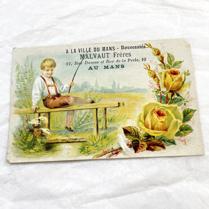 Late 19th - French Advertising Card - Malvaut Frères Le Mans Nouveautés - Charming Boy Fishing Chromo - Vintage Shop Ephemera Collectible