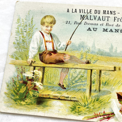 Late 19th - French Advertising Card - Malvaut Frères Le Mans Nouveautés - Charming Boy Fishing Chromo - Vintage Shop Ephemera Collectible