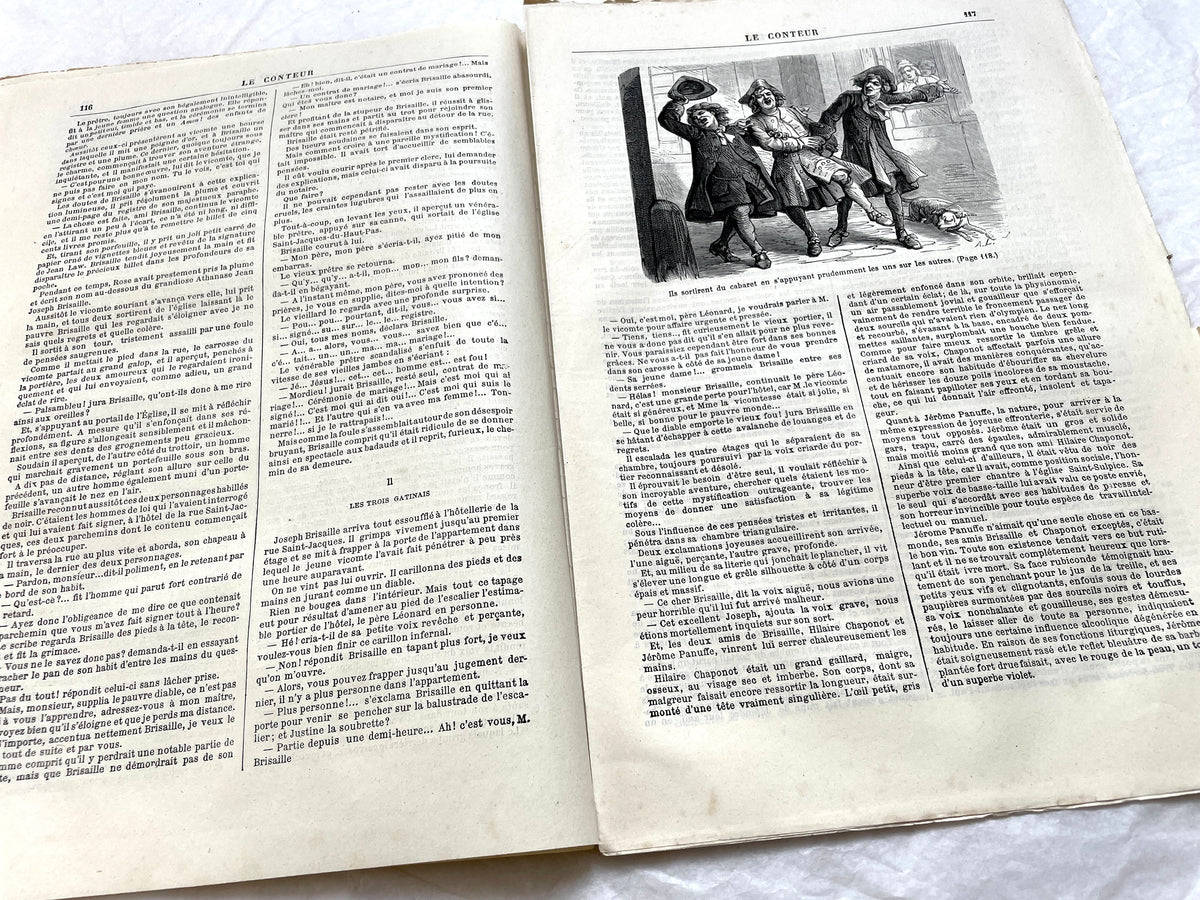 1880s French newspaper 'Le Conteur' issue from April 30, 1881, featuring a detailed front-page engraving.