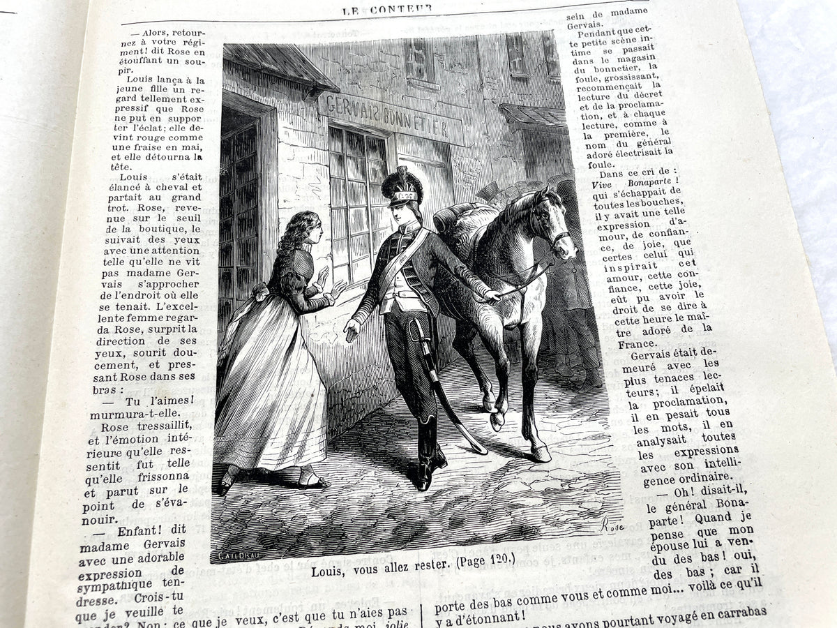 1880s French newspaper 'Le Conteur' issue from April 30, 1881, featuring a detailed front-page engraving.